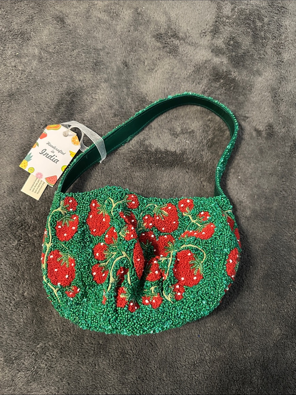 Beaded Strawberry Shoulder Bag in Green and Red